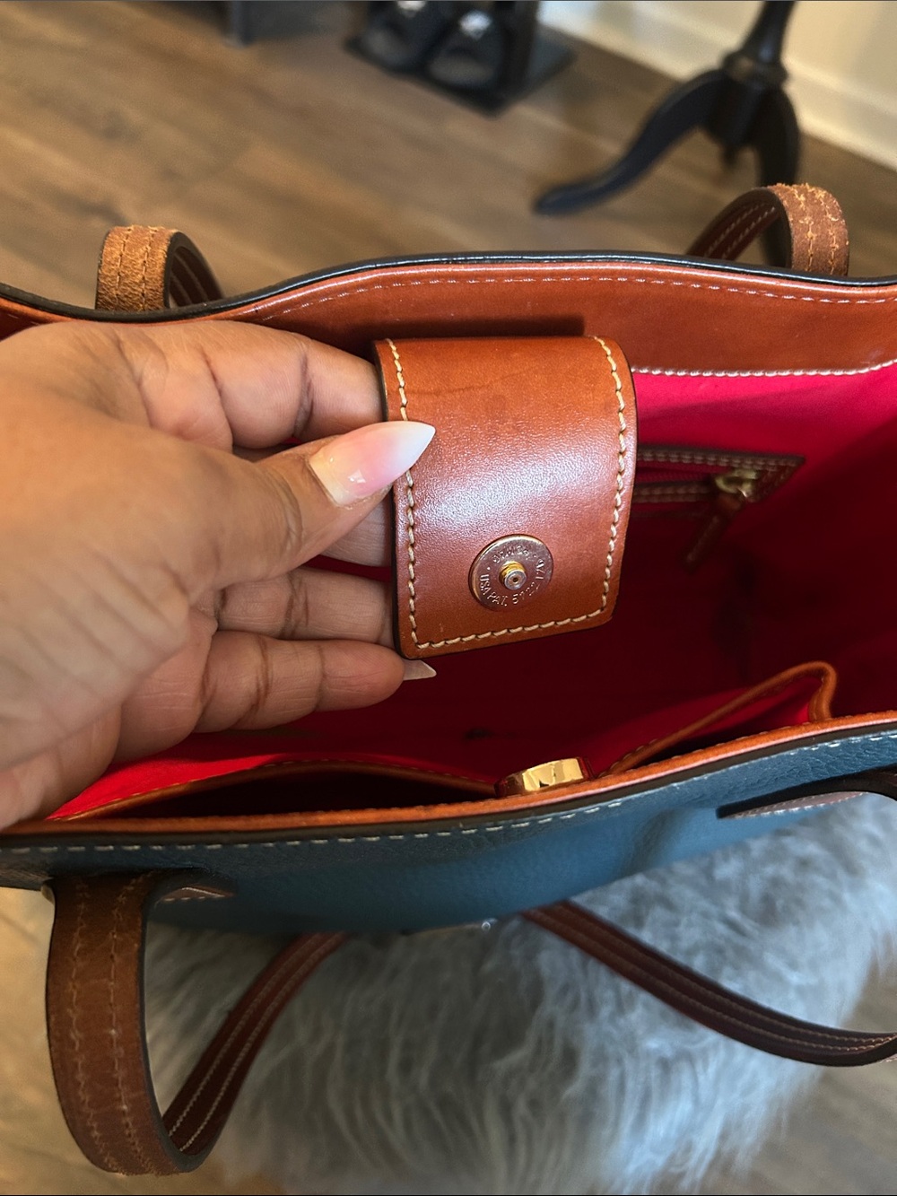 Dooney & Bourke Teal Pebbled Leather Tote with Brown Trim - Picture 8 of 9